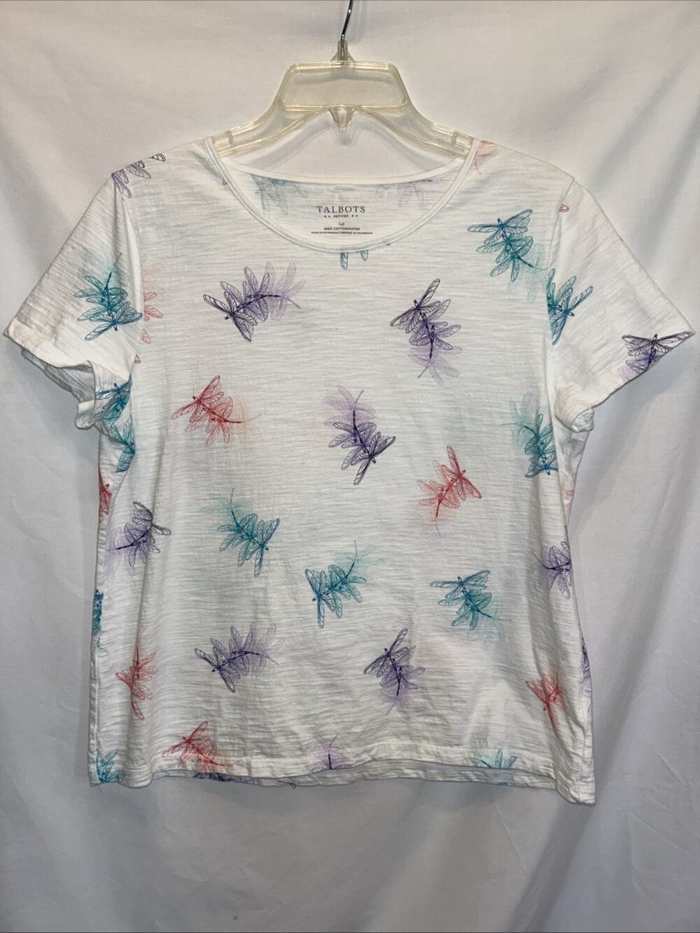 Talbots Womens Large Petite Slub Cotton White Dragonfly Tee Shirt Fairy